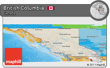 Shaded Relief Panoramic Map of British Columbia, political shades outside
