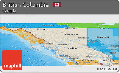 Shaded Relief Panoramic Map of British Columbia, political shades outside