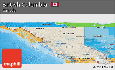 Shaded Relief Panoramic Map of British Columbia, political shades outside