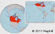 Gray Location Map of Canada, within the entire continent, hill shading