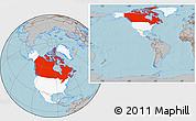 Gray Location Map of Canada, highlighted continent, within the entire continent, hill shading