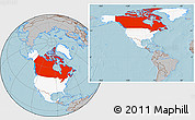 Gray Location Map of Canada, highlighted continent, hill shading