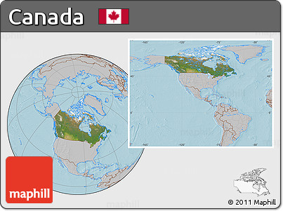 Satellite Location Map of Canada, gray outside, hill shading