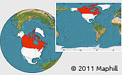 Satellite Location Map of Canada, highlighted continent, within the entire continent
