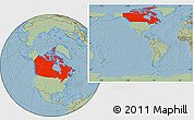 Savanna Style Location Map of Canada, within the entire continent, hill shading