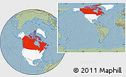 Savanna Style Location Map of Canada, highlighted continent, within the entire continent, hill shading