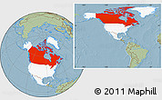Savanna Style Location Map of Canada, highlighted continent, hill shading