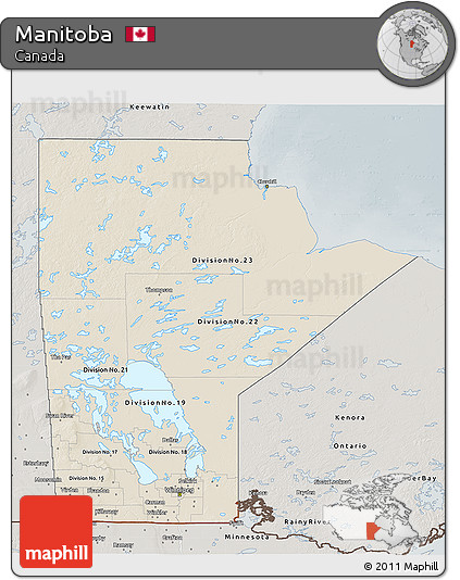 Shaded Relief 3D Map of Manitoba, semi-desaturated