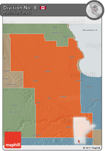 Political 3D Map of Division No.  8, semi-desaturated