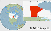 Savanna Style Location Map of Manitoba, highlighted country, hill shading