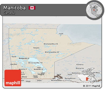 Shaded Relief Panoramic Map of Manitoba, semi-desaturated