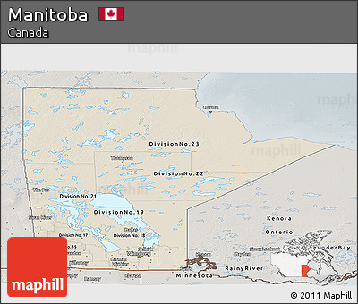 Shaded Relief Panoramic Map of Manitoba, semi-desaturated