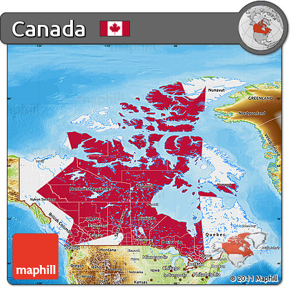 Flag Map of Canada, physical outside, bathymetry sea, flag aligned to the middle