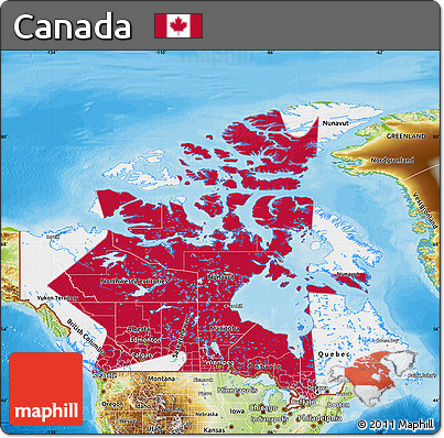 Flag Map of Canada, physical outside, bathymetry sea, flag aligned to the middle