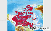 Flag Map of Canada, physical outside, bathymetry sea, flag aligned to the middle