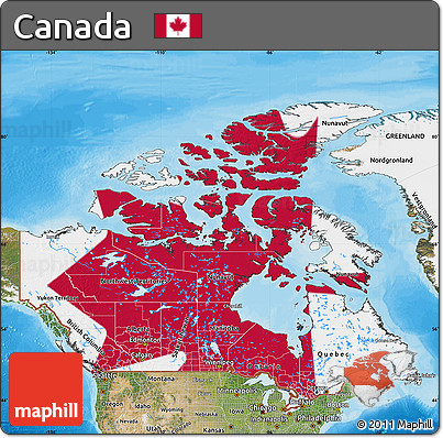 Flag Map of Canada, satellite outside, bathymetry sea, flag aligned to the middle