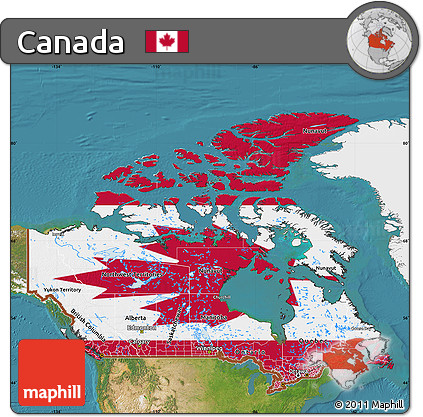 Flag Map of Canada, single color outside, satellite sea, flag rotated