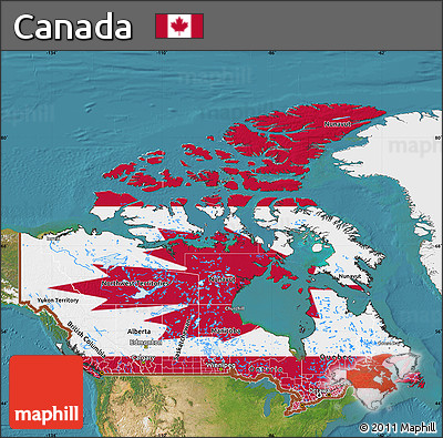 Flag Map of Canada, single color outside, satellite sea, flag rotated