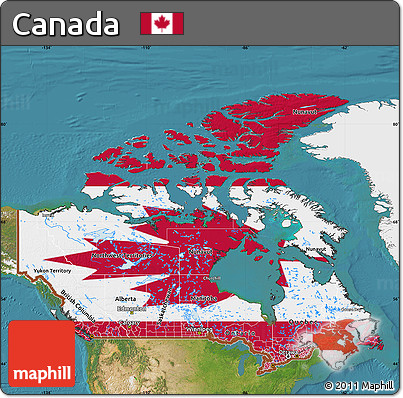 Flag Map of Canada, single color outside, satellite sea, flag rotated