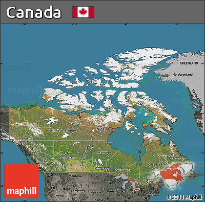Satellite Map of Canada, darken, semi-desaturated, land only