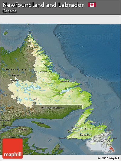 Physical 3D Map of Newfoundland and Labrador, darken