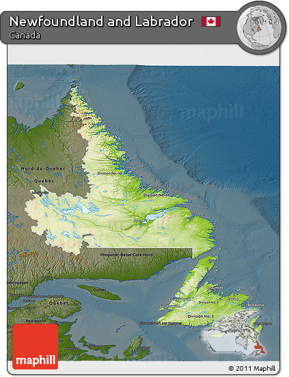 Physical 3D Map of Newfoundland and Labrador, darken