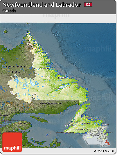 Physical 3D Map of Newfoundland and Labrador, darken