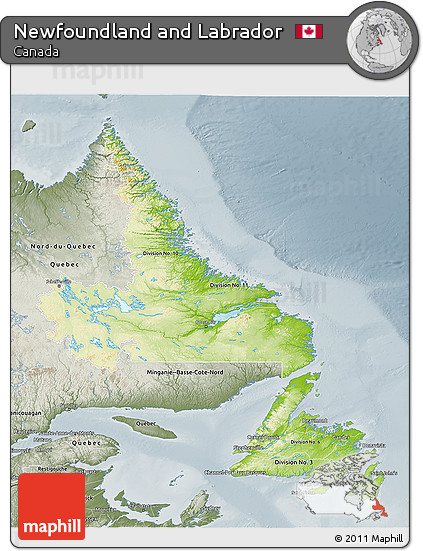 Physical 3D Map of Newfoundland and Labrador, semi-desaturated