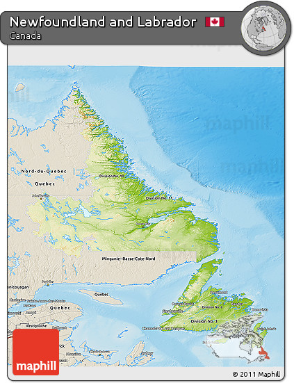 Physical 3D Map of Newfoundland and Labrador, shaded relief outside
