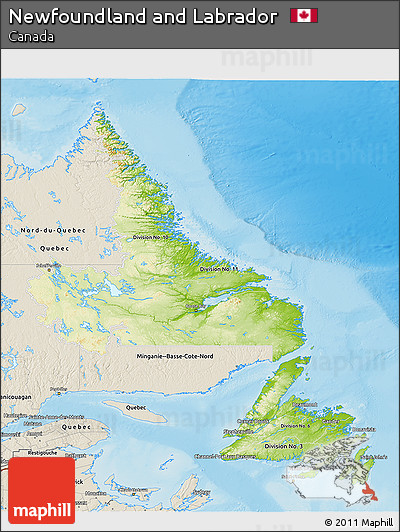 Physical 3D Map of Newfoundland and Labrador, shaded relief outside