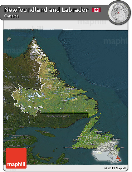Satellite 3D Map of Newfoundland and Labrador, darken