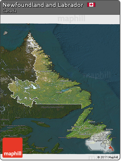 Satellite 3D Map of Newfoundland and Labrador, darken