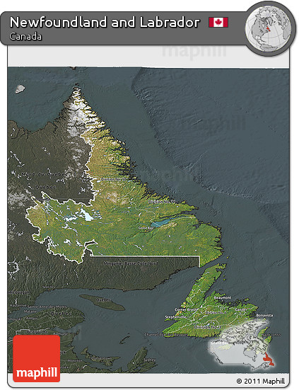Satellite 3D Map of Newfoundland and Labrador, darken, semi-desaturated