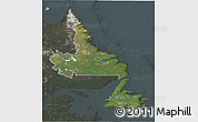 Satellite 3D Map of Newfoundland and Labrador, darken, semi-desaturated