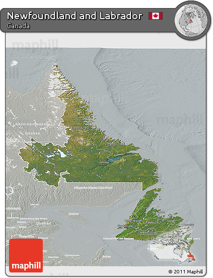 Satellite 3D Map of Newfoundland and Labrador, lighten, semi-desaturated
