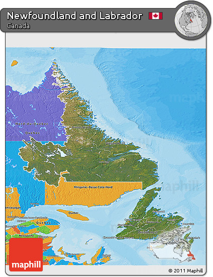 Satellite 3D Map of Newfoundland and Labrador, political outside