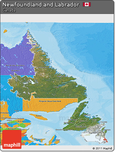 Satellite 3D Map of Newfoundland and Labrador, political outside