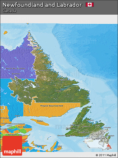 Satellite 3D Map of Newfoundland and Labrador, political outside