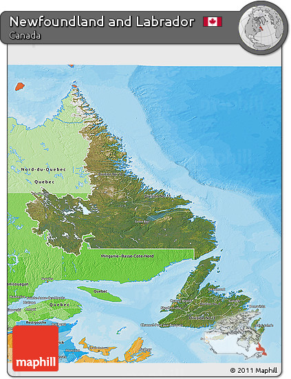 Satellite 3D Map of Newfoundland and Labrador, political shades outside