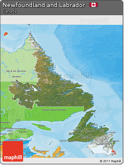Satellite 3D Map of Newfoundland and Labrador, political shades outside