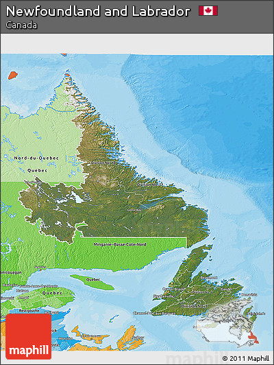 Satellite 3D Map of Newfoundland and Labrador, political shades outside
