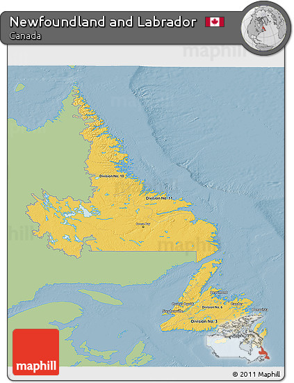 Savanna Style 3D Map of Newfoundland and Labrador, single color outside