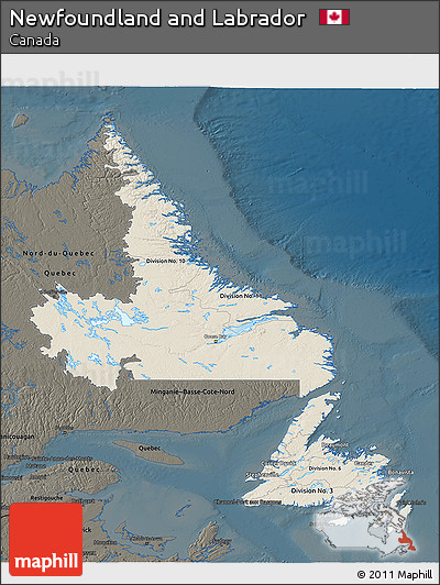 Shaded Relief 3D Map of Newfoundland and Labrador, darken