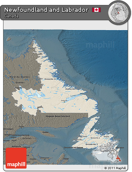Shaded Relief 3D Map of Newfoundland and Labrador, darken