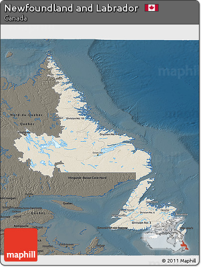 Shaded Relief 3D Map of Newfoundland and Labrador, darken
