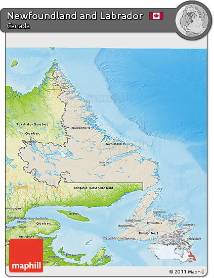 Shaded Relief 3D Map of Newfoundland and Labrador, physical outside
