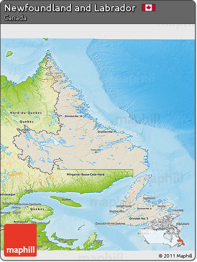 Shaded Relief 3D Map of Newfoundland and Labrador, physical outside