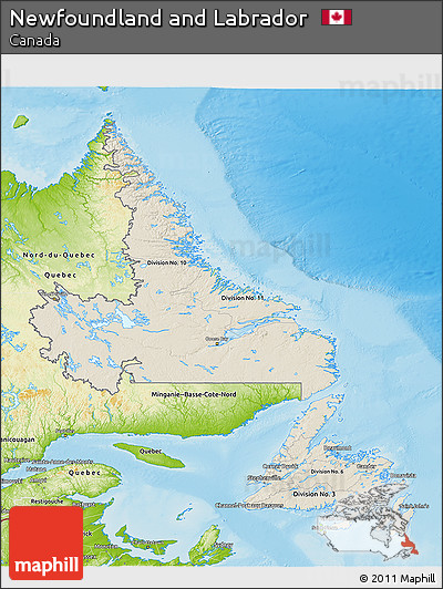 Shaded Relief 3D Map of Newfoundland and Labrador, physical outside