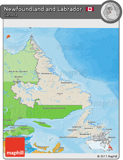 Shaded Relief 3D Map of Newfoundland and Labrador, political shades outside