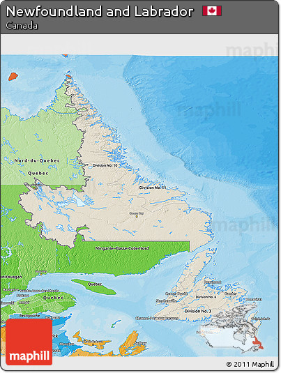 Shaded Relief 3D Map of Newfoundland and Labrador, political shades outside